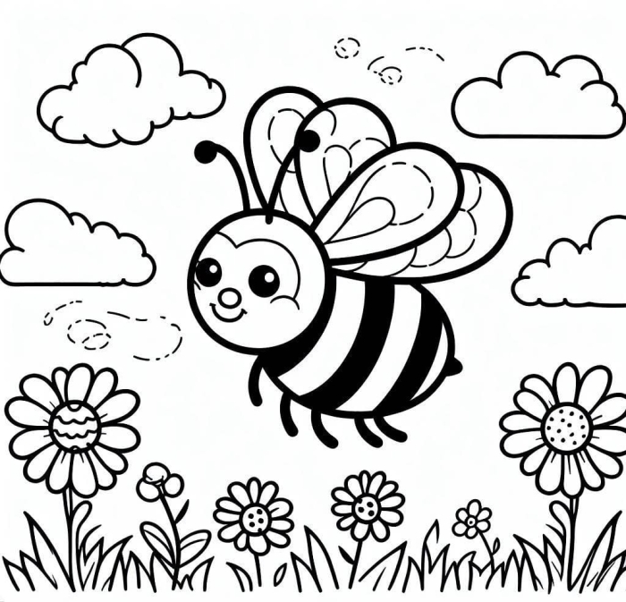 Kindergarten math worksheet featuring a happy bumble bee scene for coloring 9 Bumble bee coloring page worksheet for kindergarteners learning fractions