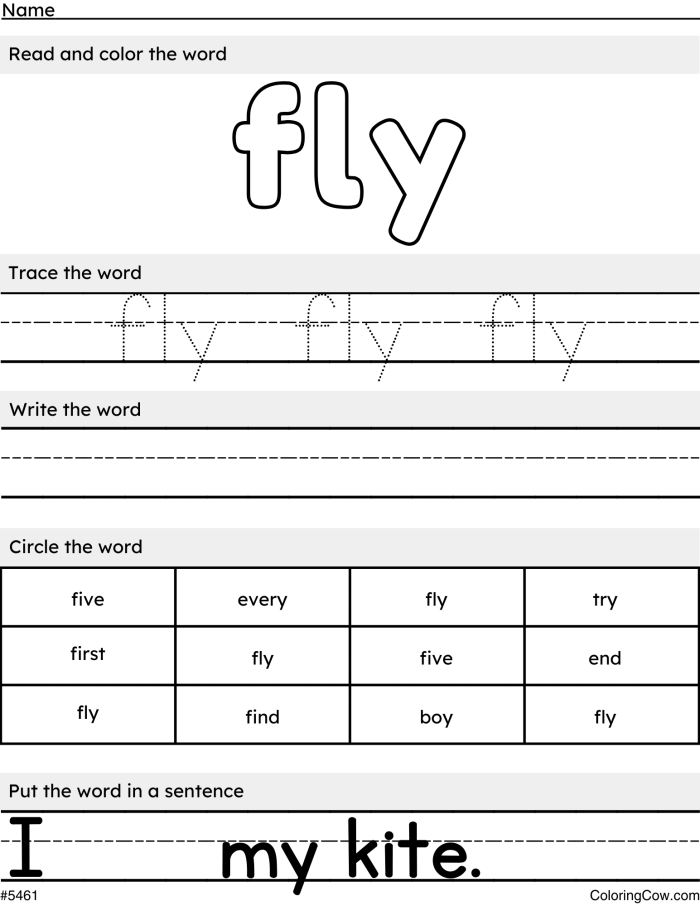 Worksheet for tracing and writing the sight word "fly" designed for kindergarten students. Fun and engaging activity to enhance reading and writing skills.