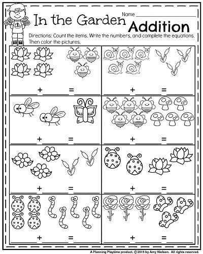 Addition Garden Math Worksheet for Kindergarten Page 15 Kindergarten students practice solving single-digit addition problems on this garden-themed math worksheet number 15