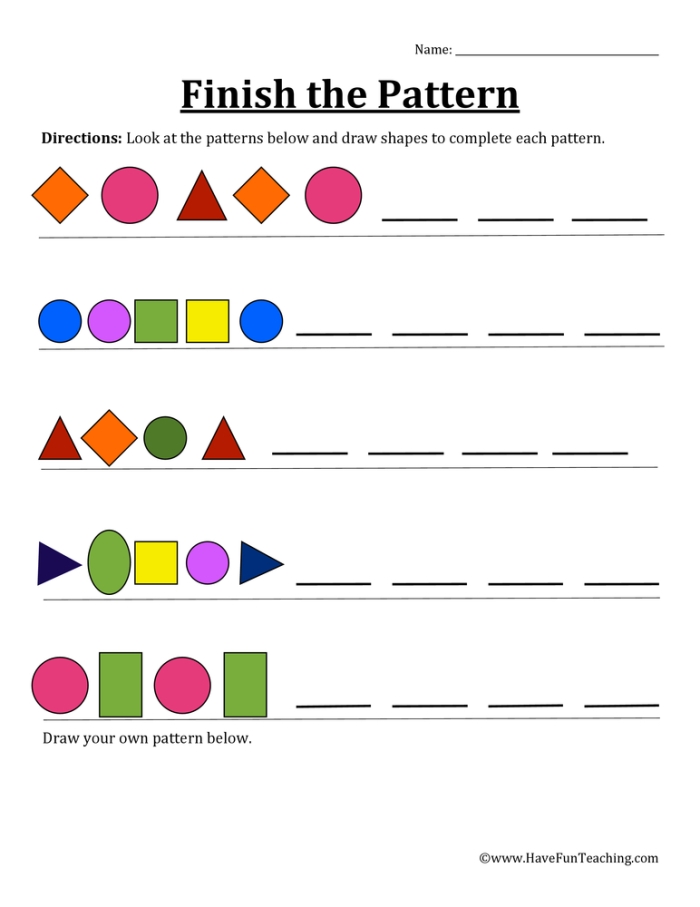 Kindergarten student completing a geometric shape pattern sequence on a worksheet