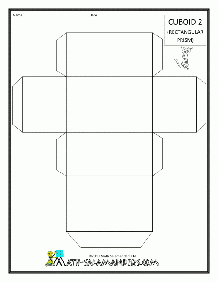 Kindergarten student practicing geometry by assembling a paper rectangular prism cut-out worksheet