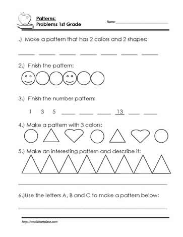 Kindergarten student completing a geometry worksheet by drawing the next shapes in the pattern