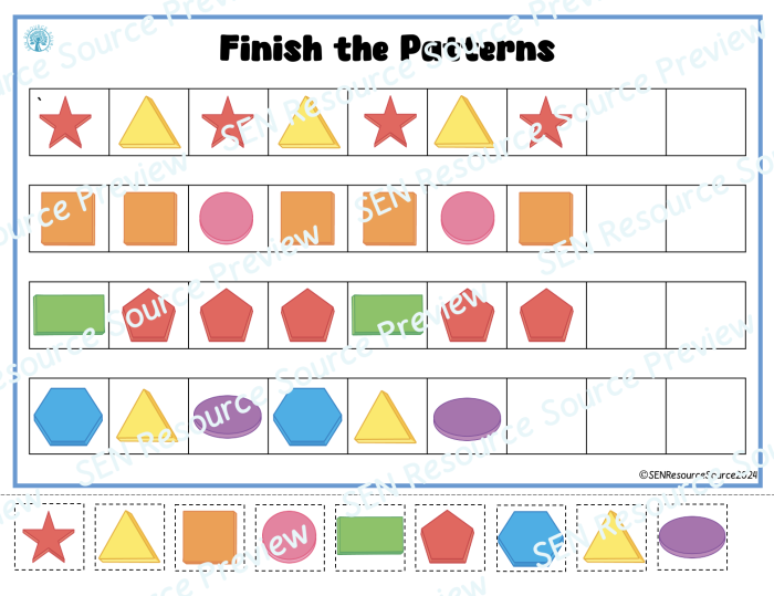 Kindergarten student finishing a shape pattern geometry worksheet number 19