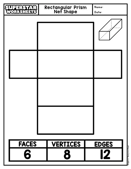 Printable rectangular prism net template for kindergarten geometry learning with fold lines and faces clearly marked for assembly