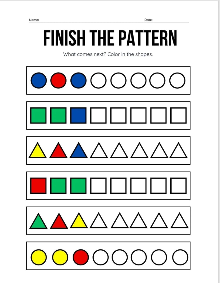 Kindergarten student completing a basic shape sequence on a geometry worksheet