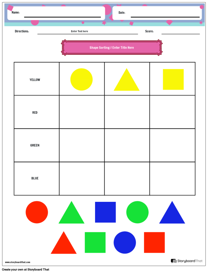 Kindergarten worksheet featuring a variety of 2D and 3D shapes for students to sort and identify