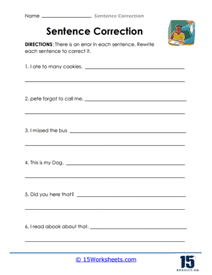Fix the Sentences: Dog Days worksheet for kindergarten students. Children's worksheet for correcting sentences about dog days, focusing on grammar skills.