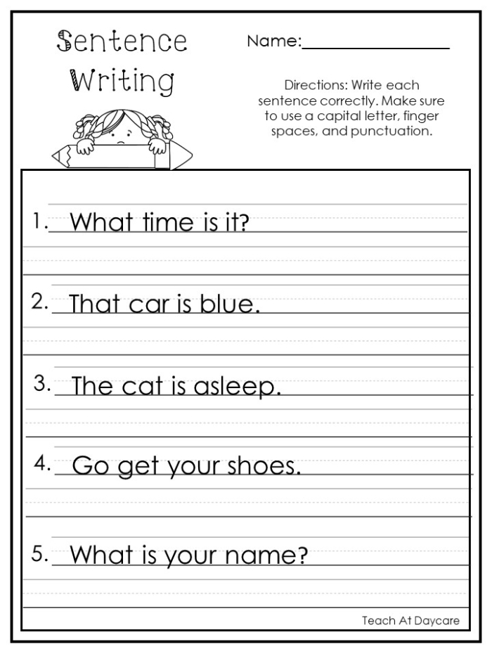 Worksheet image for practicing sentence structure, capitalization, and punctuation in kindergarten Children working on the Fix the Sentences: Dog Days worksheet to improve grammar skills