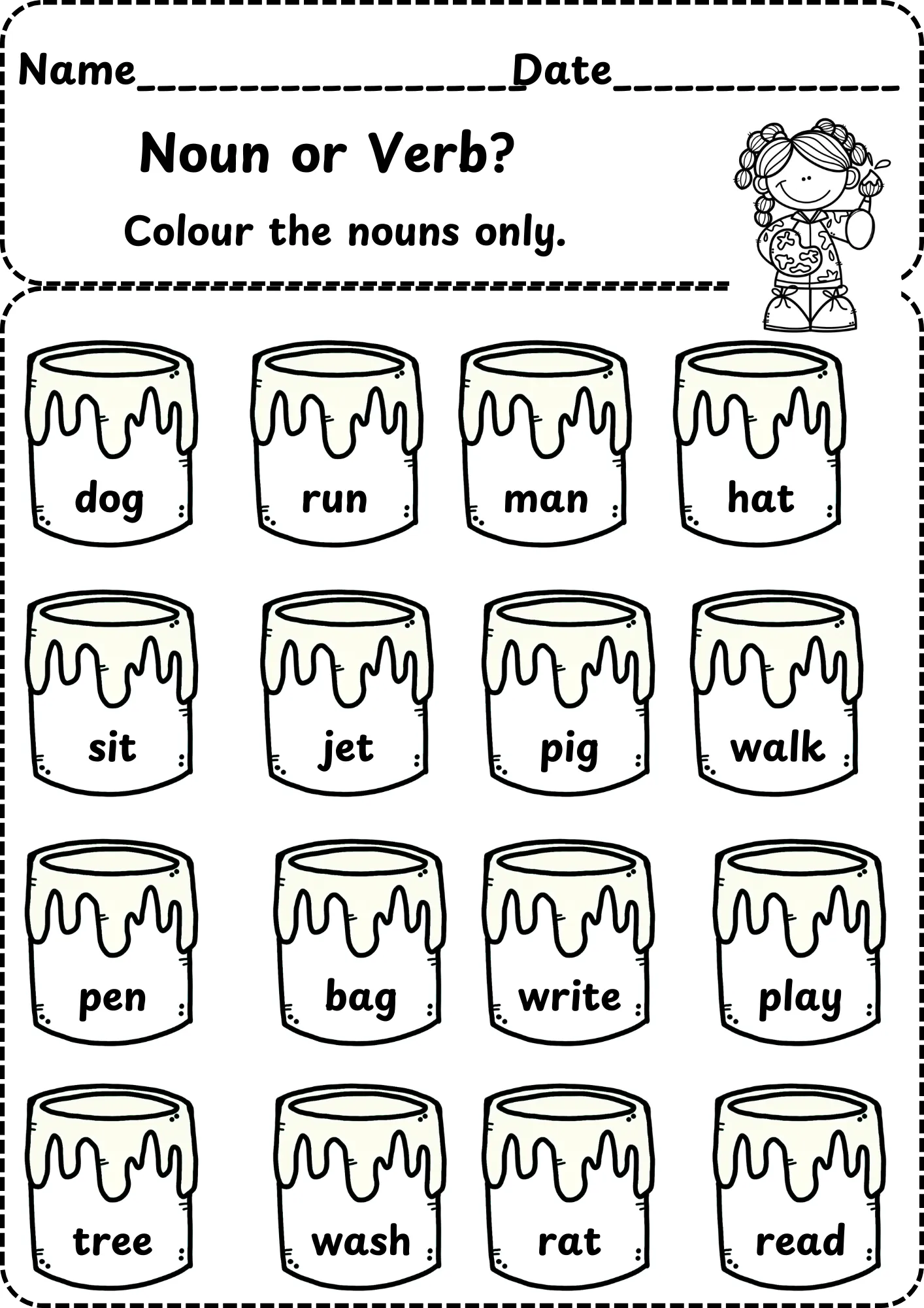 Kindergarten worksheet teaching young students to distinguish between nouns and verbs by completing sentences