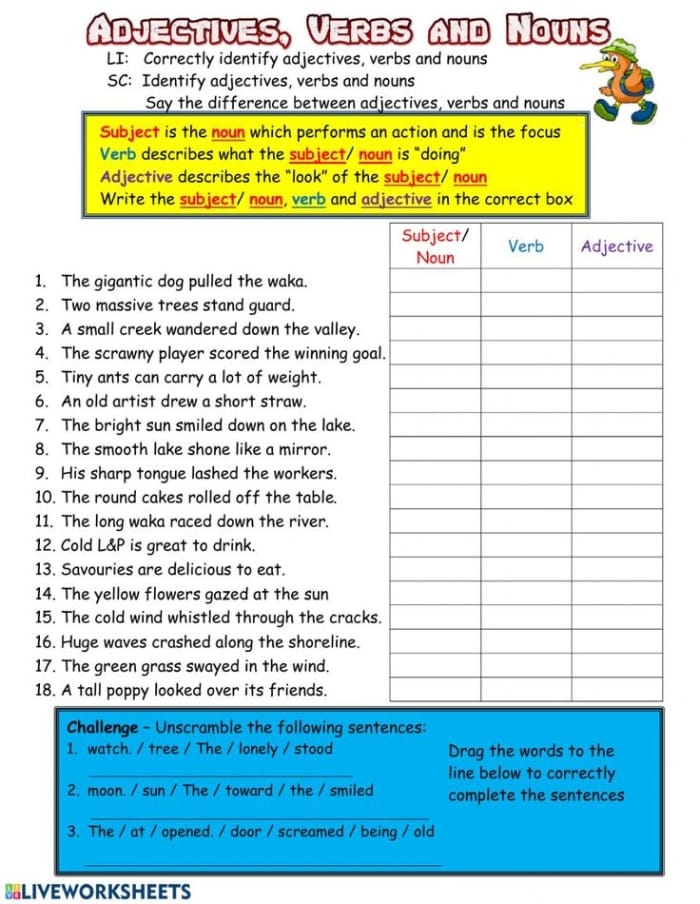Worksheet for teaching nouns and verbs to kindergarten students