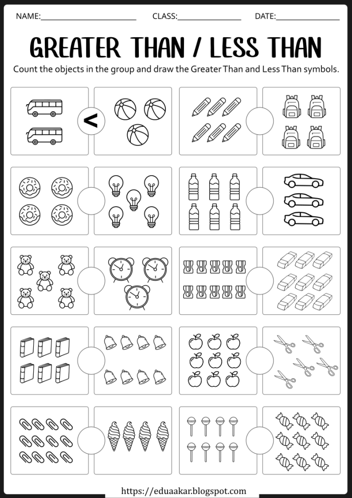 Greater Than and Less Than Comparison Worksheet for Kindergarteners Number 5 Kindergarten worksheet featuring colorful groups of 4 to 7 items to practice greater than and less than comparisons