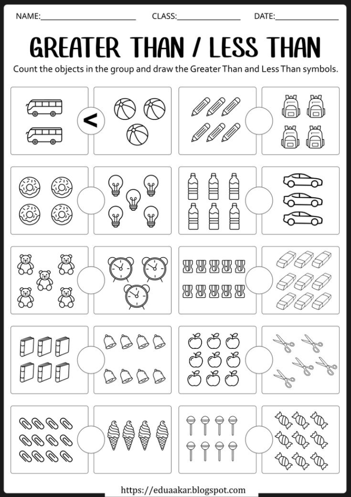Kindergarten math worksheet for practicing greater than less than skills with counting objects