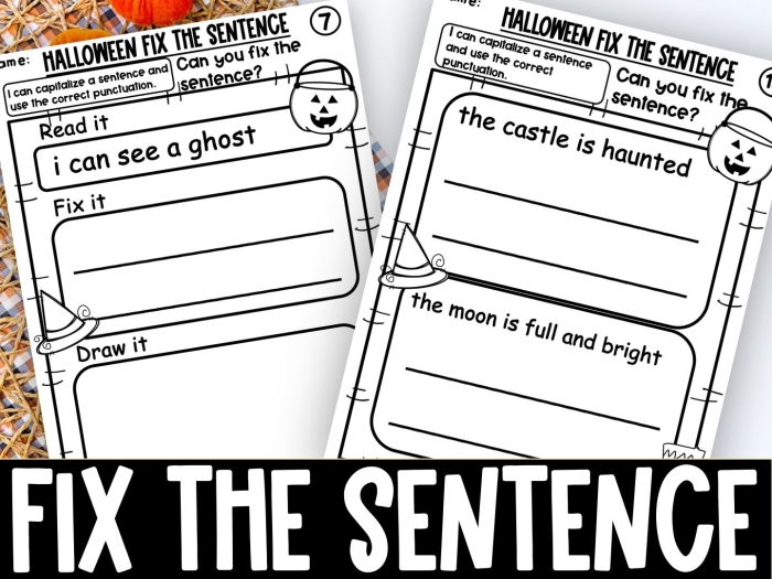 Kindergarten student completing a Halloween sentence building worksheet with picture prompts