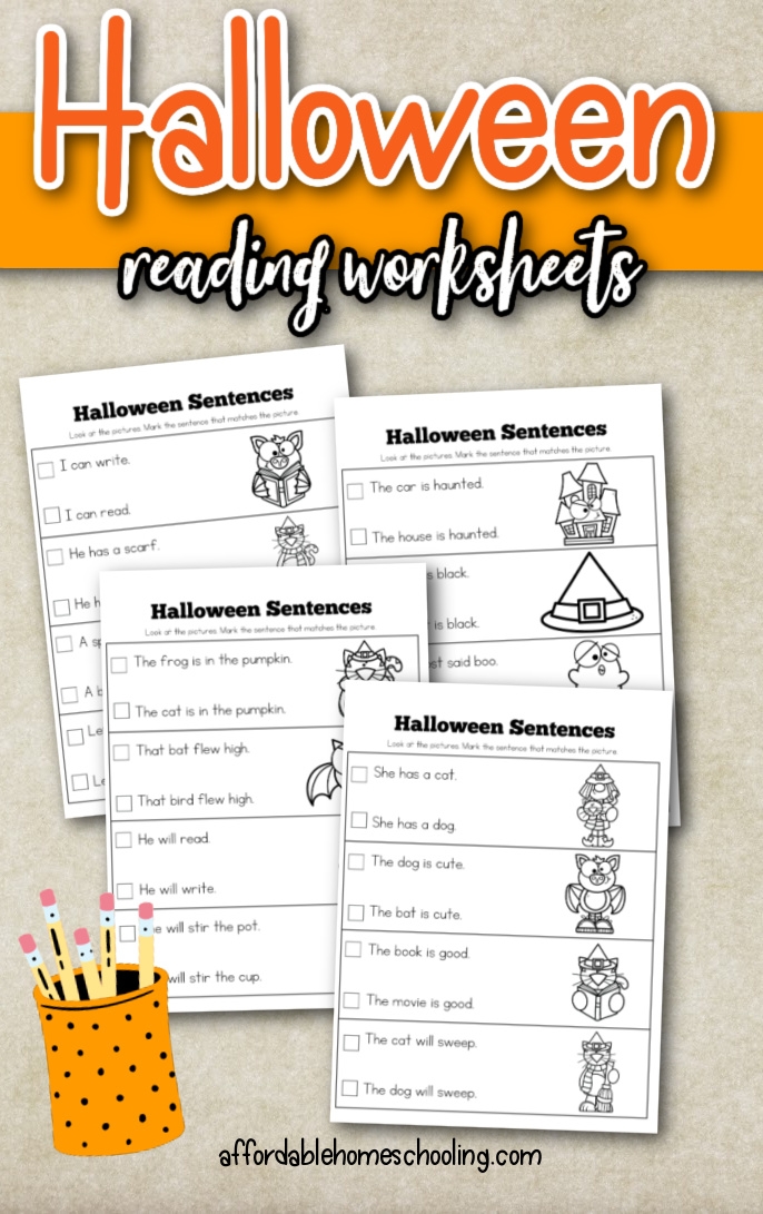Kids completing the Finish the Halloween Sentences worksheet with picture clues