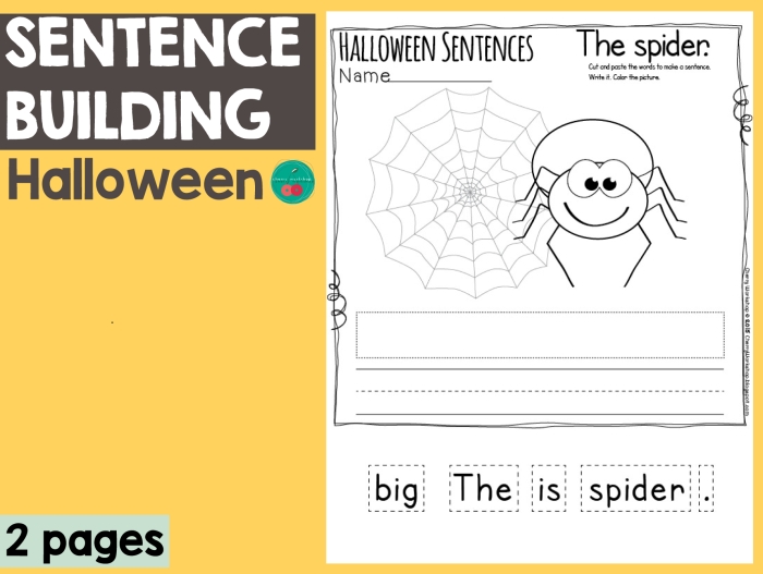 Colorful Halloween-themed worksheet for finishing sentences aimed at kindergarten students