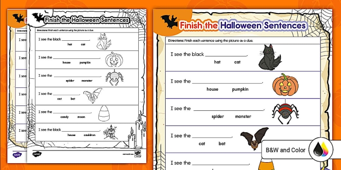Halloween-themed worksheet for kids to practice completing sentences
