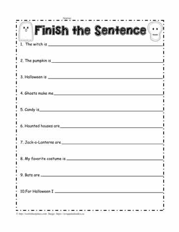 Colorful Halloween-themed worksheet for kindergarten students to finish sentences. Engaging Halloween Sentences completion activity for young learners.