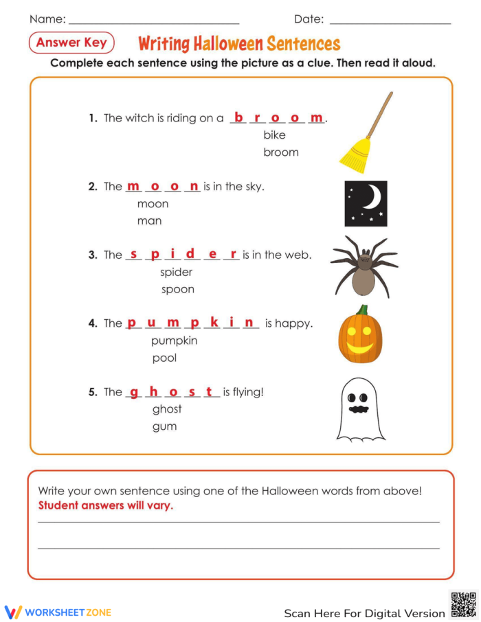 Halloween themed worksheet for kindergarteners to complete sentences using picture clues