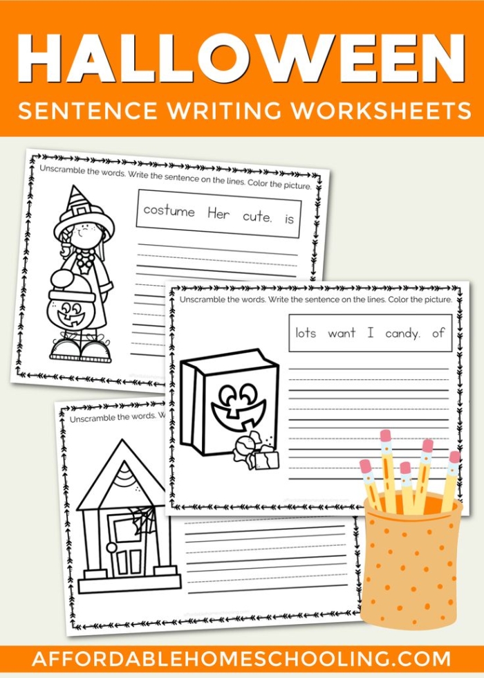 Finish the Halloween Sentences worksheet featuring colorful illustrations and word options for kids