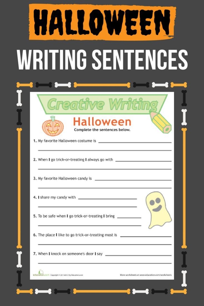 Kindergarten student using a Halloween-themed worksheet to practice reading and completing simple sentences