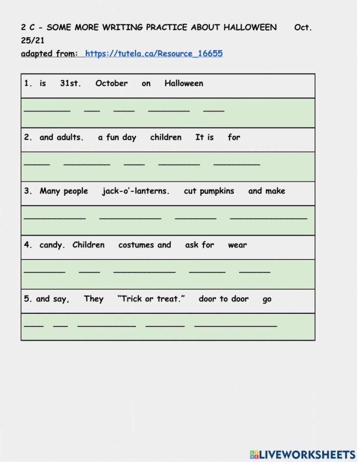 Halloween-themed worksheet for kindergarteners to complete sentences with picture clues