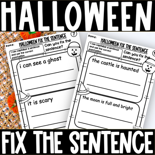 Colorful Halloween-themed worksheet for kindergarteners to complete sentences. Fun activity for young learners to practice reading and writing skills.