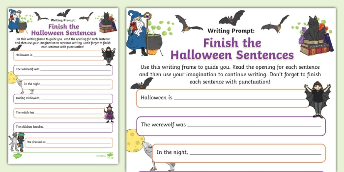 Kindergarten student completing a Halloween-themed sentence building worksheet with picture clues