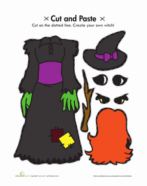 Kindergarten students cut and paste pieces to assemble a historic Halloween witch decoration