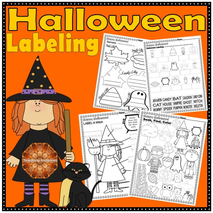 Kindergarten student using scissors and glue to build a festive Halloween witch craft