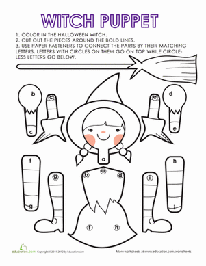 Colorful Halloween witch worksheet for kindergarten students to cut and paste decorations. Fun activity for young learners celebrating Halloween history.
