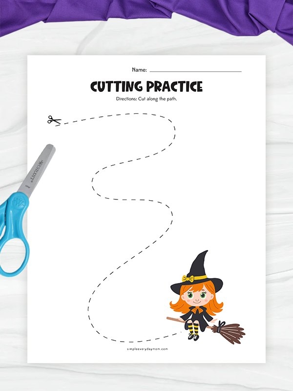 Halloween witch decoration worksheet for kindergarten students to cut and paste