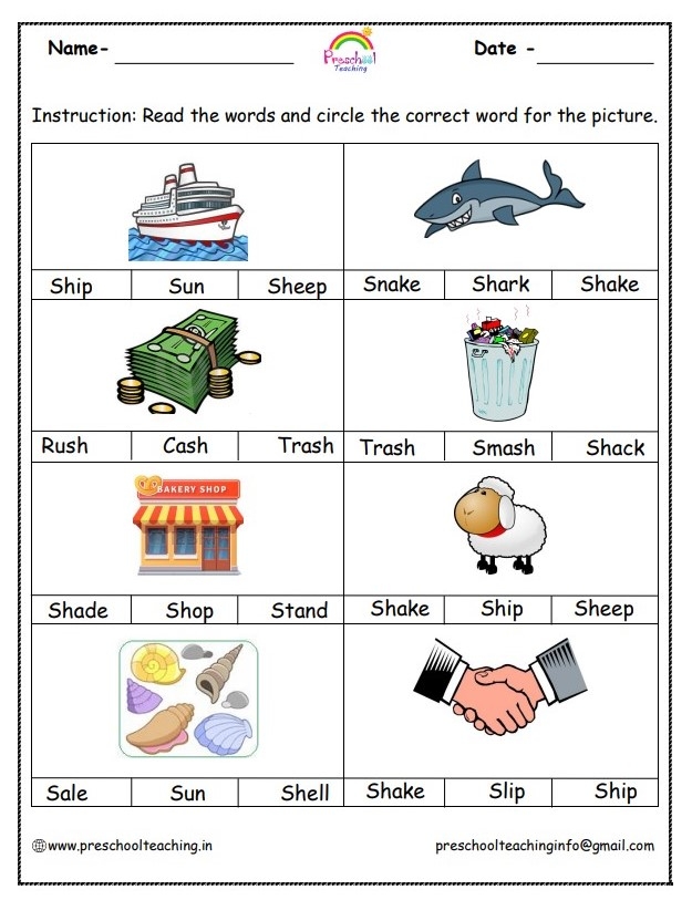 Worksheet featuring "sh" words for kindergarten handwriting practice