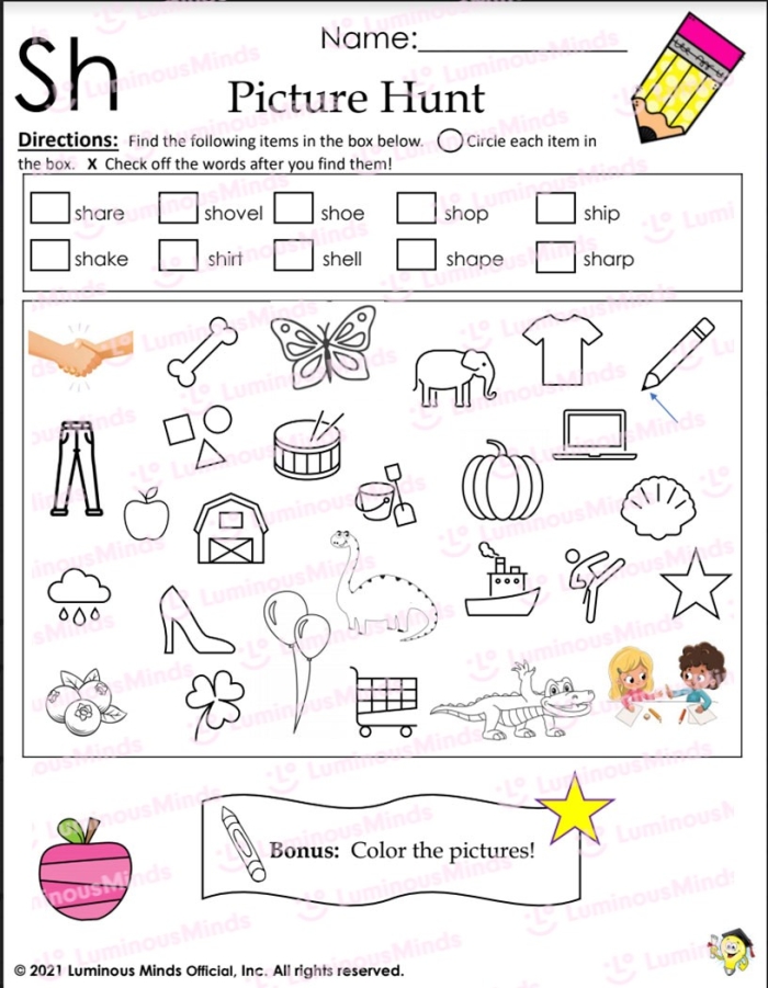 Worksheet featuring "sh" words for kindergarten handwriting practice