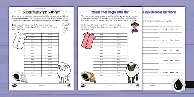 Worksheet featuring "sh" words for kindergarten handwriting practice