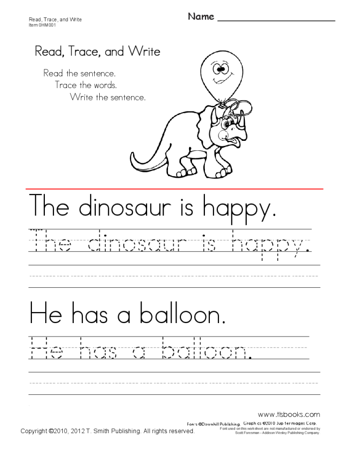 Kindergarten student practicing handwriting with a Read and Trace Complete Sentences worksheet 7