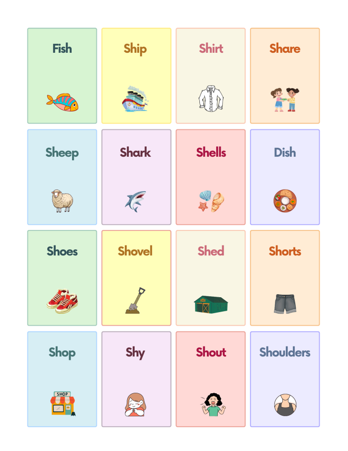 Worksheet for practicing "sh" words in handwriting for kindergarten students