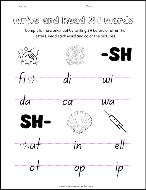 Worksheet featuring "sh" digraph words for kindergarten handwriting practice