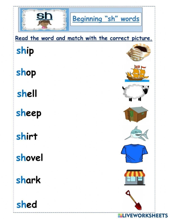 Worksheet featuring "sh" words for kindergarten handwriting practice