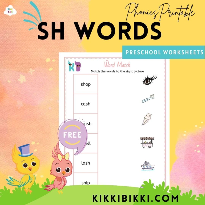 Worksheet featuring "sh" words for kindergarten handwriting practice