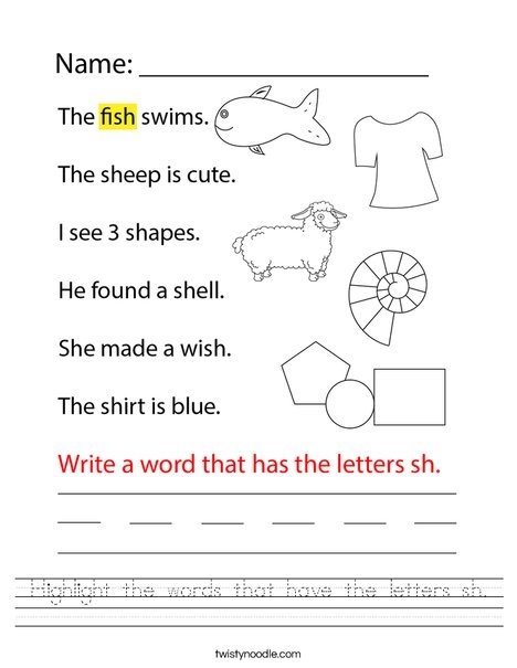 Worksheet for practicing handwriting with "sh" words for kindergarten students