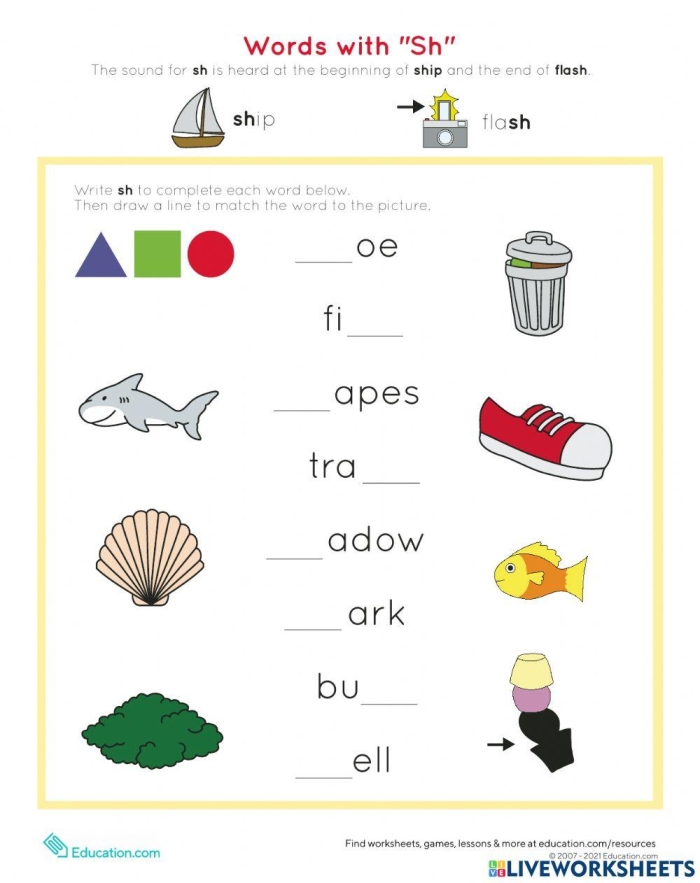 Worksheet for practicing handwriting with "sh" digraph words for kindergarten students