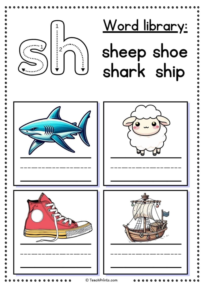 Worksheet featuring "sh" words for kindergarten handwriting practice