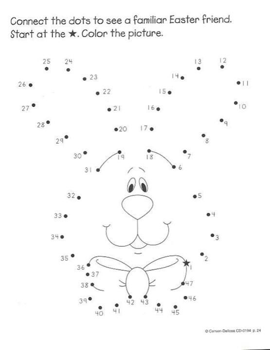 Easter-themed counting activity image for young learners to complete a fun picture Happy Easter Dot-to-Dot worksheet for kindergarten students featuring an Easter basket filled with surprises