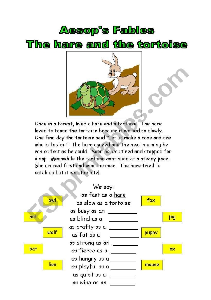 The Hare and the Tortoise fable worksheet for history lesson 18 Kindergarten students coloring a page depicting the race between the tortoise and the hare