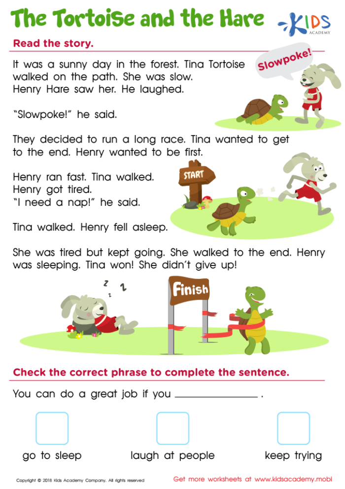 The Hare and the Tortoise fable activity sheet for young learners Kindergarten students coloring a page showing the hare and tortoise racing for a history lesson