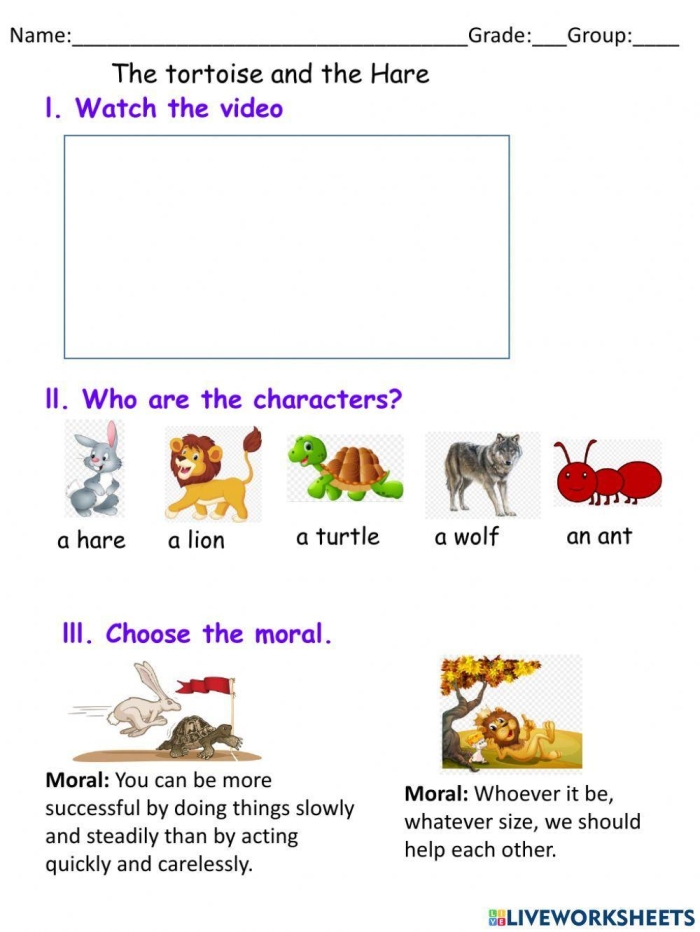 Kindergarten students cutting out paper puppets for the Hare and the Tortoise worksheet puppet show activity