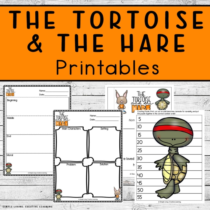 The Hare and the Tortoise worksheet image depicting the classic race scene for kindergarten students A colorful illustration of the tortoise and the hare preparing for their famous race from Aesop's fable