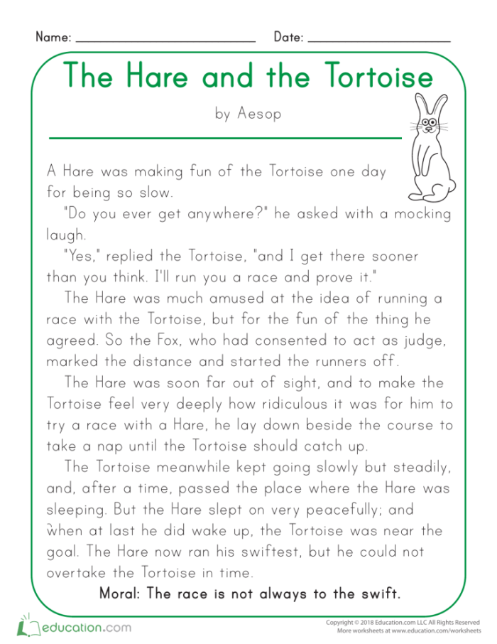 The Hare and the Tortoise fable activity page 14 Kindergarten worksheet featuring an illustration of the hare and tortoise race for history class