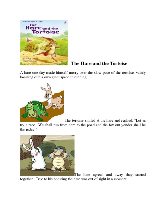 The Hare and the Tortoise Aesop Fable Educational Worksheet 8 Kindergarten worksheet featuring a race between the hare and the tortoise from Aesop's fable