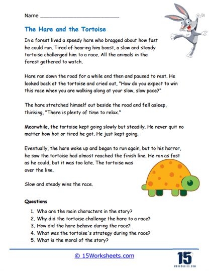 The Hare and the Tortoise worksheet visual for engaging early learners A colorful illustration of the tortoise and hare racing in Aesop's fable for kindergarten students